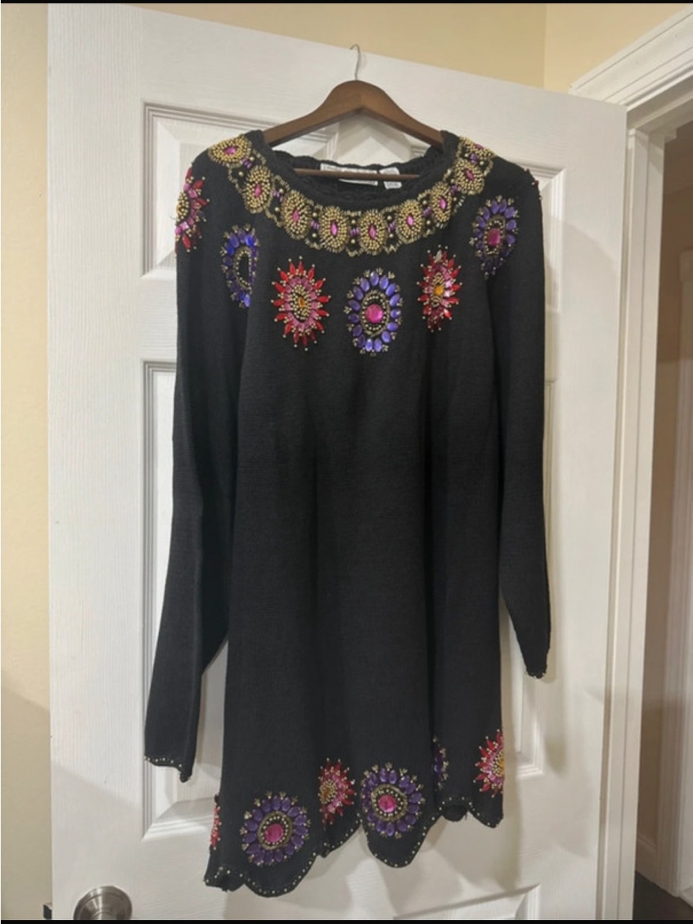 Beaded Embellished Black Midi Dress with Floral Jewel Accents